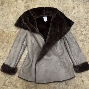 JLO Jennifer Lopez Tan Faux Fur Suede Warm Winter Jacket Shearling Coat Medium
